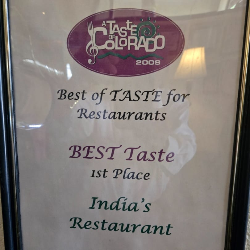 Framed award certificate for "Best of Taste for Restaurants" from "A Taste of Colorado 2009" for India's Restaurant.