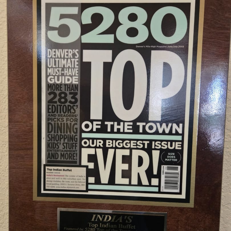 A framed 5280 Magazine cover from June/July 2005, featuring "Top of the Town" and "Top Indian Buffet" for INDIA'S Restaurant.