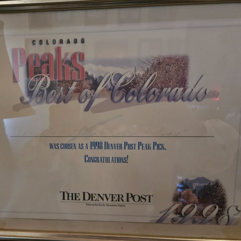 Framed "Best of Colorado" award from The Denver Post, recognizing INDIA'S Restaurant in 1998.